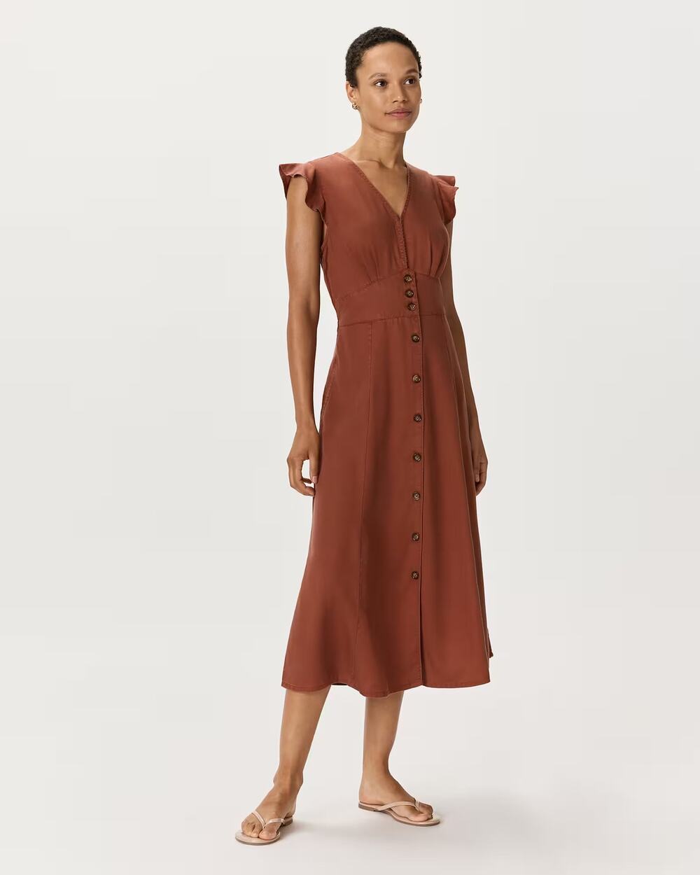 Quince Vintage Wash Tencel Button Front Midi Dress Terracotta Rust Brown XS 0 2